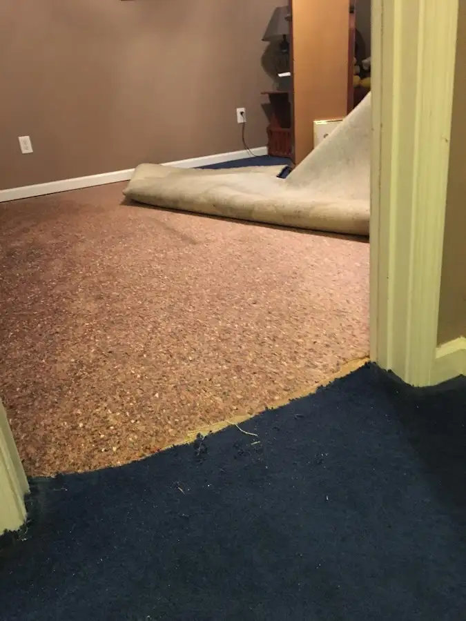 Carpet pad removal revealing water damage during Drying & Dehumidification in Portland